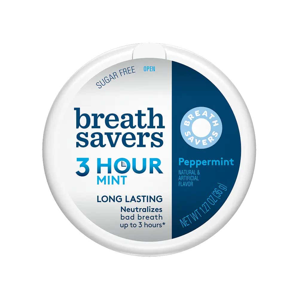 puck of breath savers three hour peppermint sugar free mints