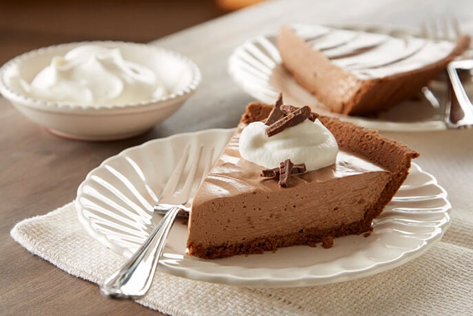 plated slice of chocolate pie